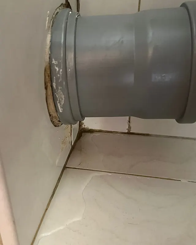 צינור ניקוז אפור שיוצא מהקיר בגובה הרצפה, ורובה כהה ומוכתמת סביבו ובין אריחי הרצפה