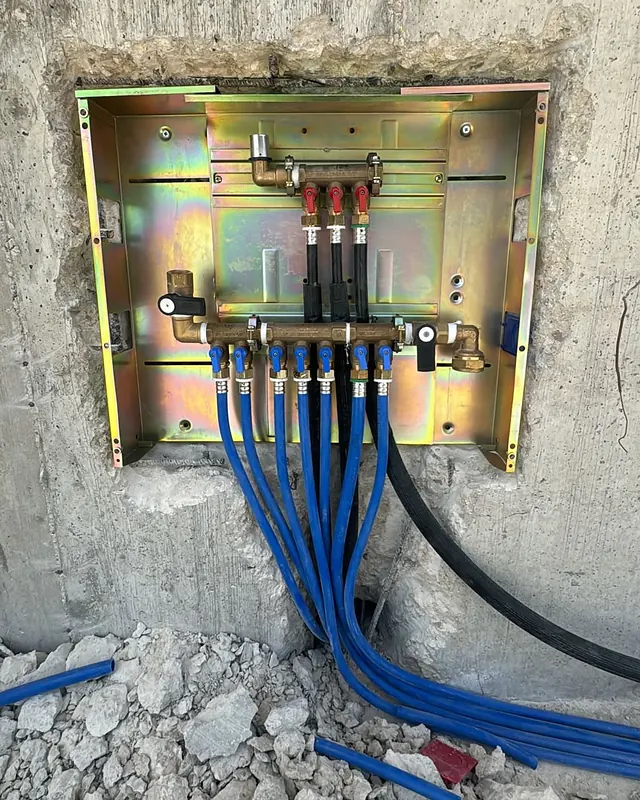 ארון סעפת מתכתי שהותקן בתוך קיר בטון, ומתחתיו יוצאים צינורות כחולים רבים